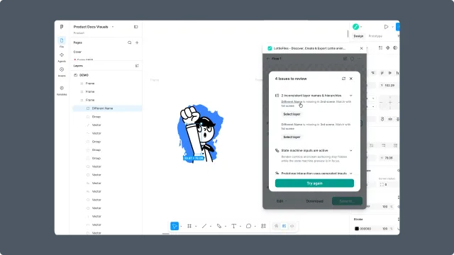 Figma layer panel and LottieFiles issue review dialog showing inconsistent layer names across frames