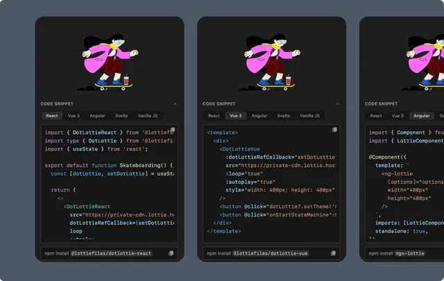 LottieFiles Code Snippet panel showing framework options and generated player code