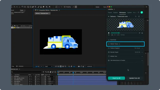 After Effects Workspace animation detail with the Motion Token accordion highlighted beside the composition