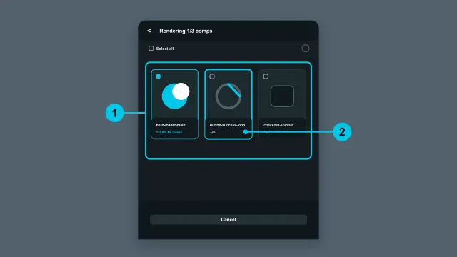 Render queue showing multiple compositions with rendering status and selected render cards