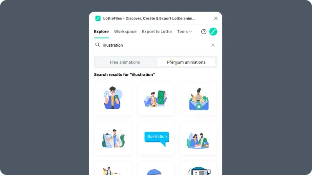 Explore panel showing Premium animation search results for an illustration query