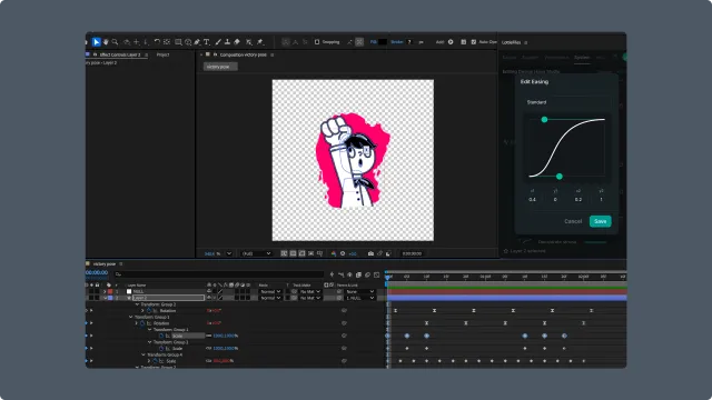 After Effects Motion System easing editor with a curve graph and preview controls