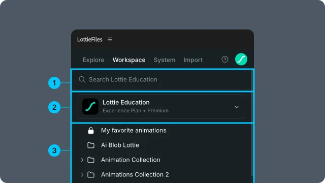 Workspace panel landing view with search, workspace selector, and project list highlighted