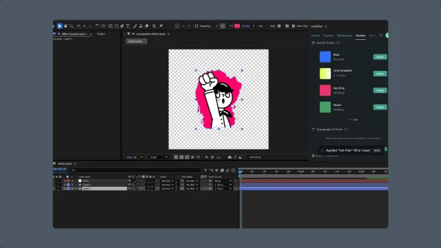 After Effects with the LottieFiles System tab open, showing Motion System color items next to a selected composition