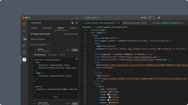 Motion System preset code in VS Code