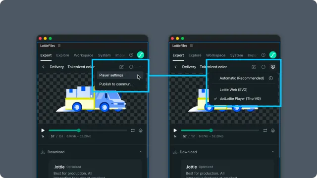 After Effects plugin full preview showing the Player settings menu and Automatic, Lottie Web, and dotLottie Player renderer options