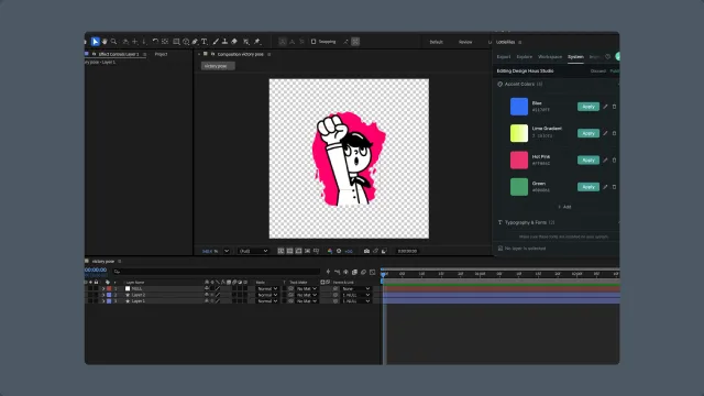 After Effects with the LottieFiles System tab open in edit mode, showing color items and draft publishing controls