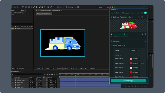 After Effects Workspace Motion Token panel with a customized theme, an edited color value, and Save Changes highlighted