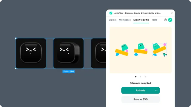 Figma to Lottie panel showing multiple selected frames ready to animate
