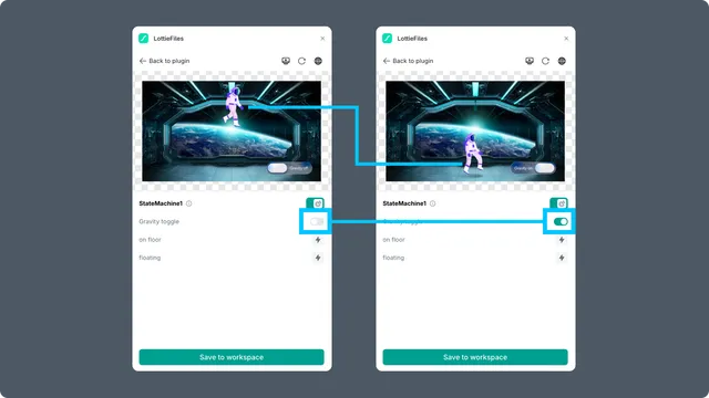 Framer state-machine preview with the gravity input switched off and on