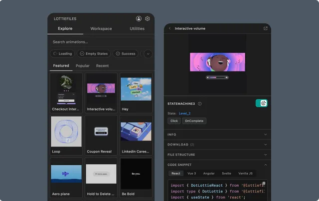 State-machine preview and implementation code in the LottieFiles VS Code extension