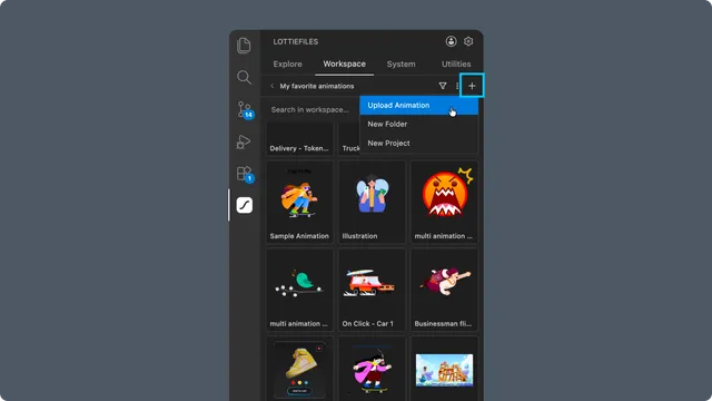 Upload Animation selected from the Workspace plus menu in VS Code
