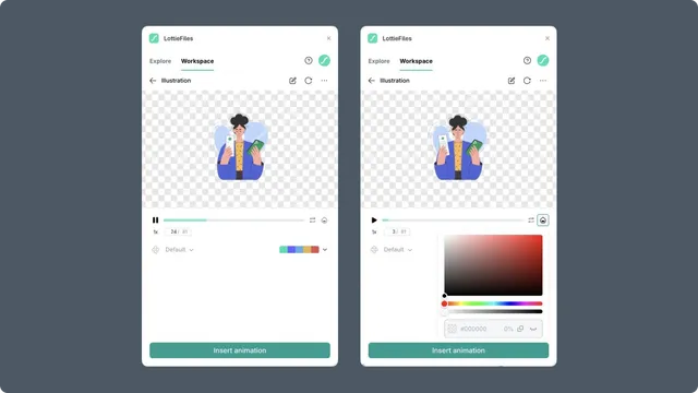 Framer animation preview with the background color control open