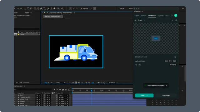 After Effects after inserting an AEP source file, with the imported composition open and a success message in the plugin