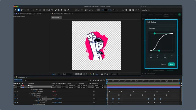 After Effects Motion System easing editor with a curve graph and preview controls