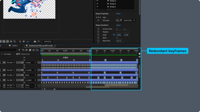 After Effects timeline with redundant keyframes highlighted after the intended motion range