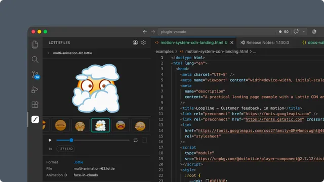A multi-animation dotLottie file selected in VS Code
