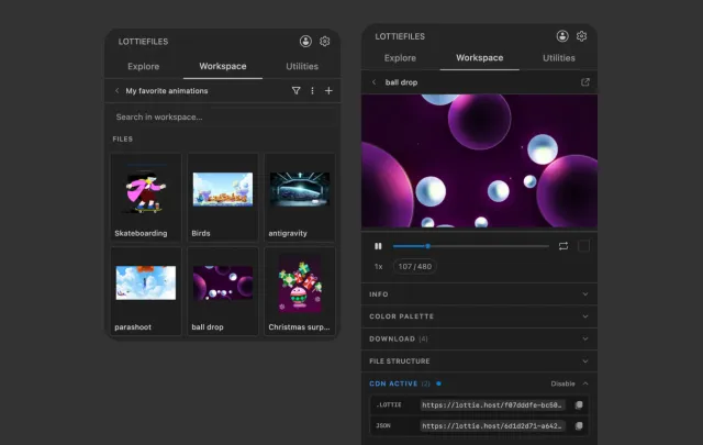 LottieFiles Workspace navigation and an animation file detail in VS Code