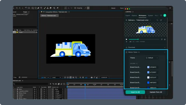 After Effects Workspace Motion Token panel expanded to show the Default theme and its editable values