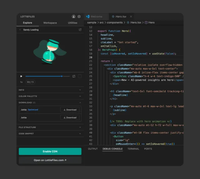 LottieFiles extension open beside a code editor with an animation preview and download controls