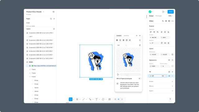 Figma canvas with an inserted GIF selected and the LottieFiles preview panel beside it