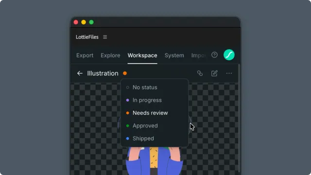 After Effects plugin Workspace file detail view with the status dot menu open