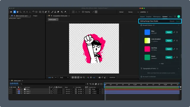 After Effects with the LottieFiles System tab open in edit mode, showing color items and draft publishing controls