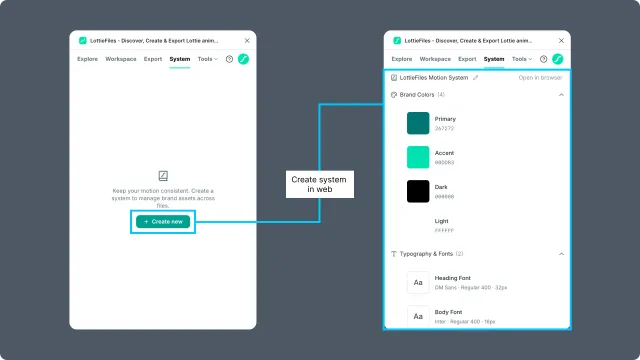 Figma Motion System empty state with Create new connected to a populated Motion System after web creation