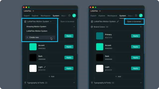 After Effects Motion System tab showing the system selector with Create new and the Open in browser action