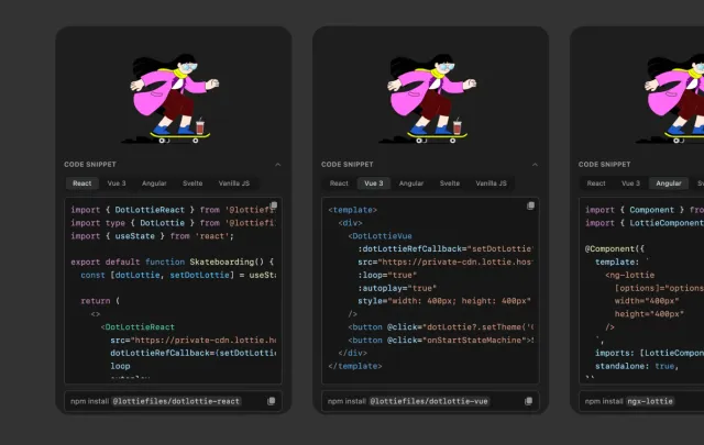 LottieFiles Code Snippet panel showing framework options and generated player code