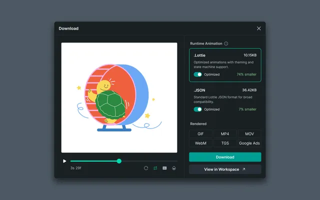Download and Handoff panel with format and CDN options