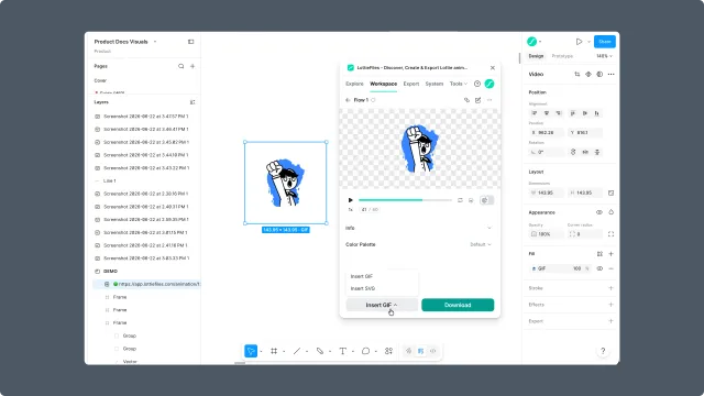 Figma Workspace file detail view with Insert GIF and Insert SVG actions open beside an inserted animation