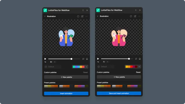 Webflow animation before and after applying a color palette