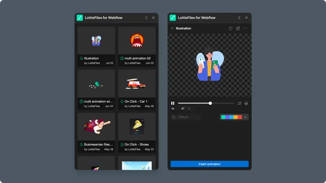 Workspace animation preview ready for Webflow insertion