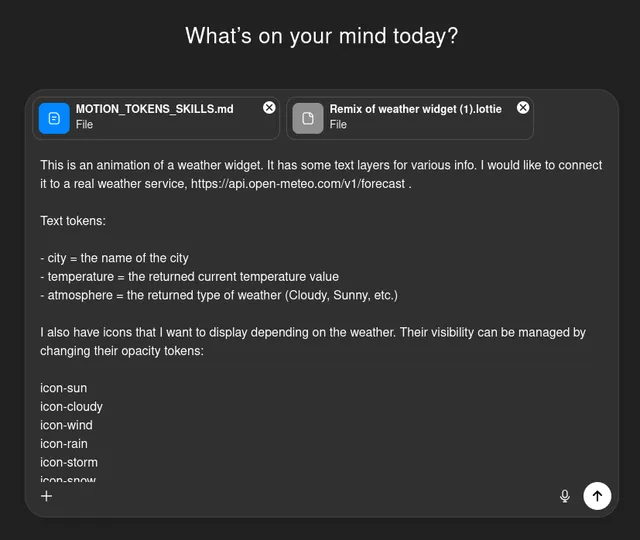 ChatGPT or editor with weather widget prompt and setup