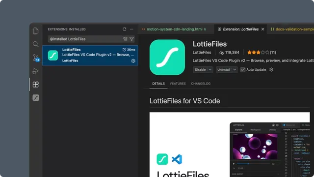 LottieFiles extension listing in VS Code