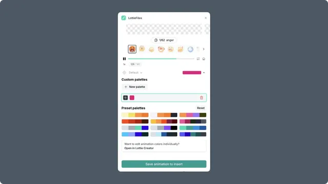 Custom palette controls and the Open in Lottie Creator action in Framer