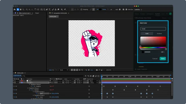 After Effects Motion System color editor with a color picker and hex value controls