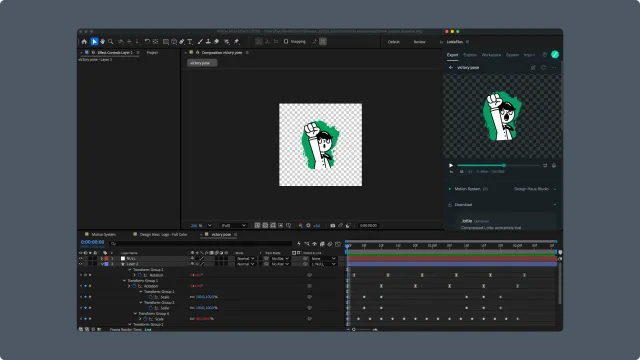 After Effects with the LottieFiles Export tab open, showing a rendered animation preview and export options