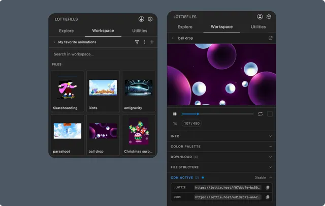 LottieFiles Workspace navigation and an animation file detail in VS Code