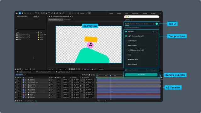 LottieFiles After Effects plugin interface with the tab bar, account controls, content area, and bottom operation area highlighted