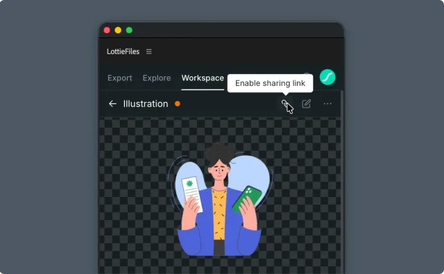 After Effects plugin Workspace file detail view with the share button tooltip for enabling a sharing link
