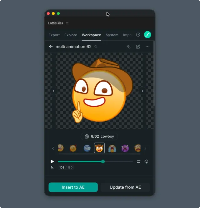 After Effects plugin Import tab showing a multi-animation dotLottie file with preview, thumbnails, and insert controls