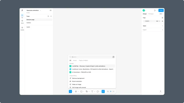 Figma plugin search menu with the LottieFiles plugin selected