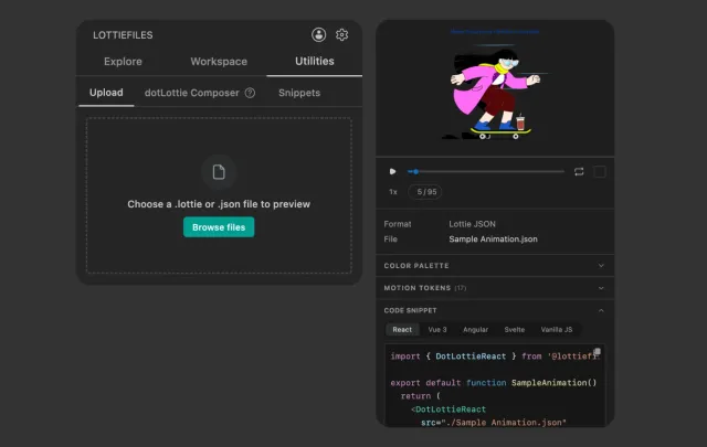 Utilities Upload beside a local animation preview with playback, motion token, and code panels