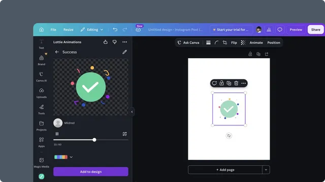 LottieFiles open in Canva with an inserted animation selected on the canvas