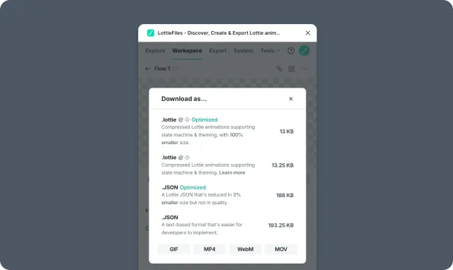 Figma plugin download menu listing dotLottie, JSON, GIF, MP4, WebM, and MOV output options