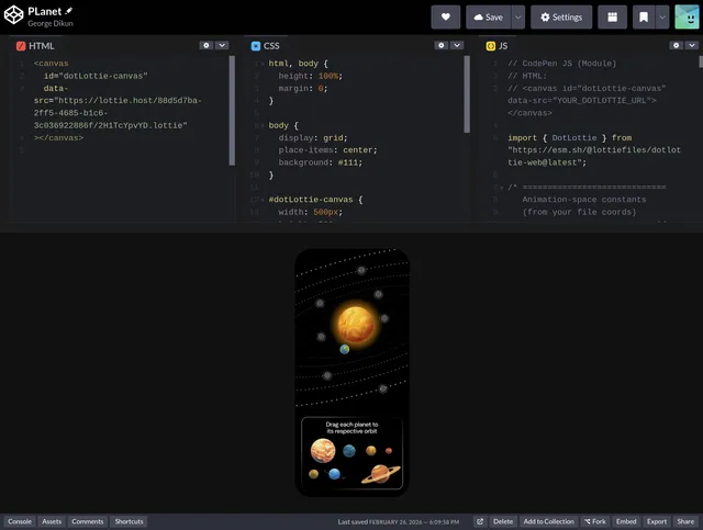Drag and drop planets example working in Codepen