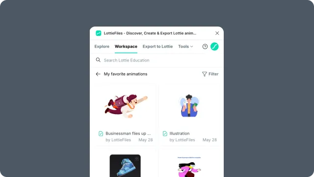 Workspace folder view showing saved animation file cards