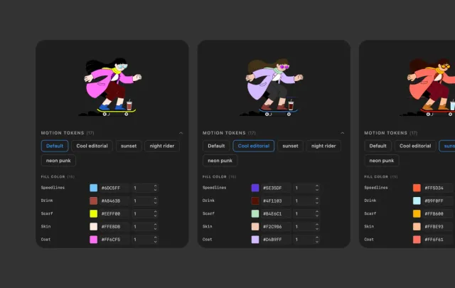 Lottie preview with a motion-token panel for switching and editing theme values